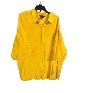 Men's Radio Tokio 100% Silk Short Sleeve Shirt Sz XL Pockets Yellow Collar.